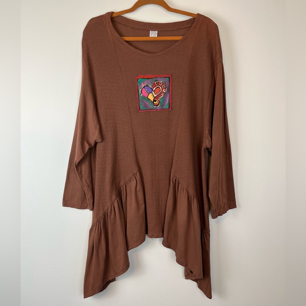 Vintage USA Shark Bite Hem Applique Cotton Single Stitch Tunic Top Size L